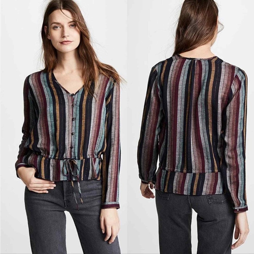 Rails Beaux Varadero Stripe Linen Blend Long Sleeve Blouse Medium - Picture 3 of 16